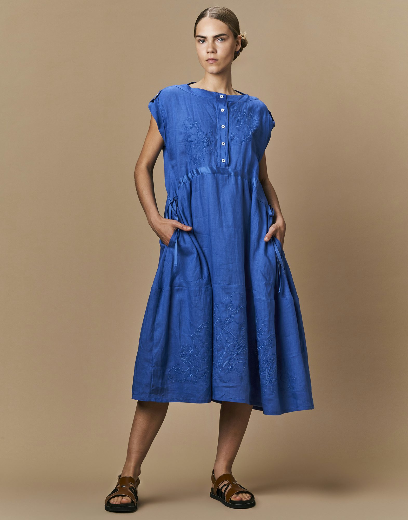 SUCCESSFUL Cerulean ramie dress with drawstring waist HIGH