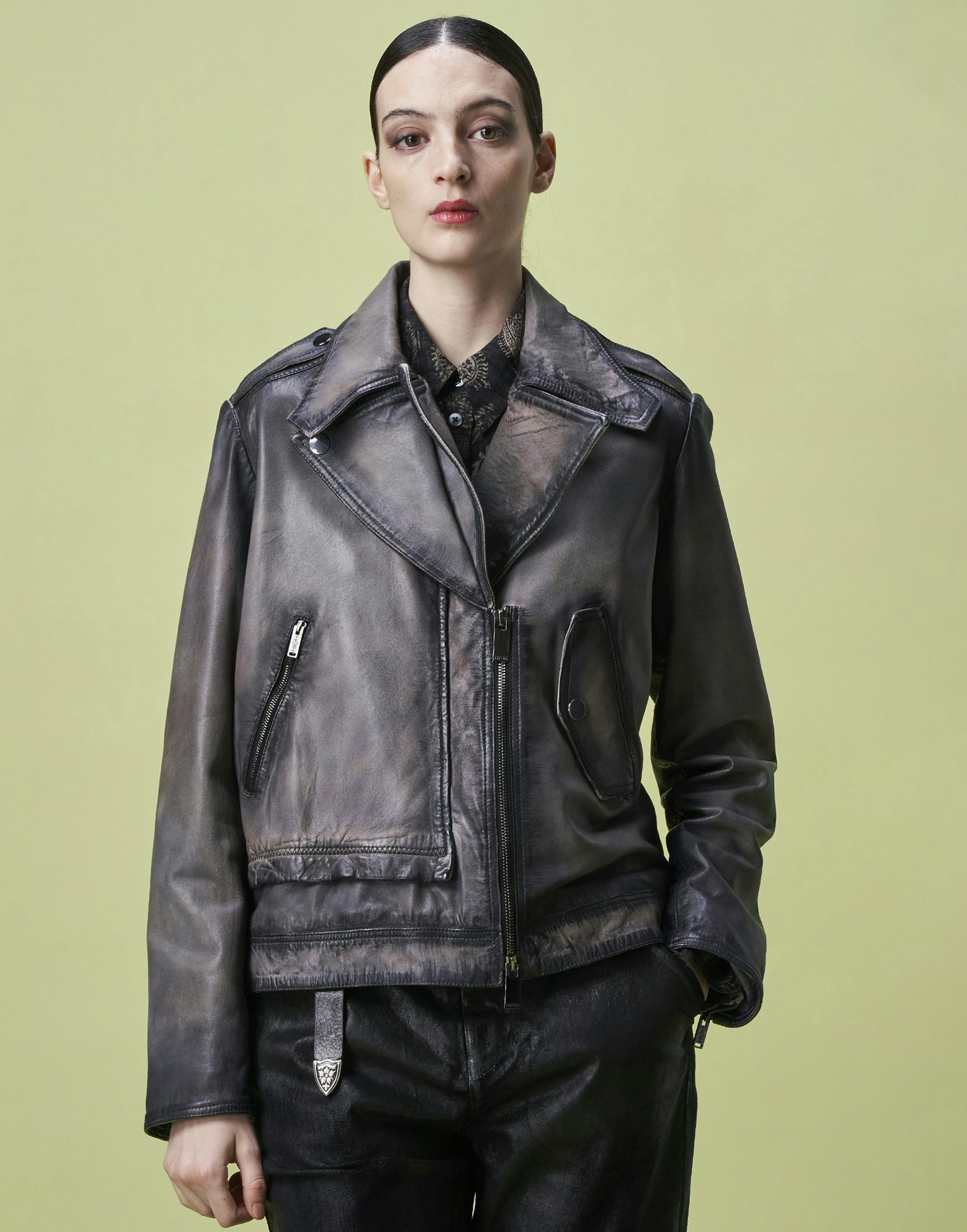 JEALOUS Dark grey treated leather biker jacket HIGH